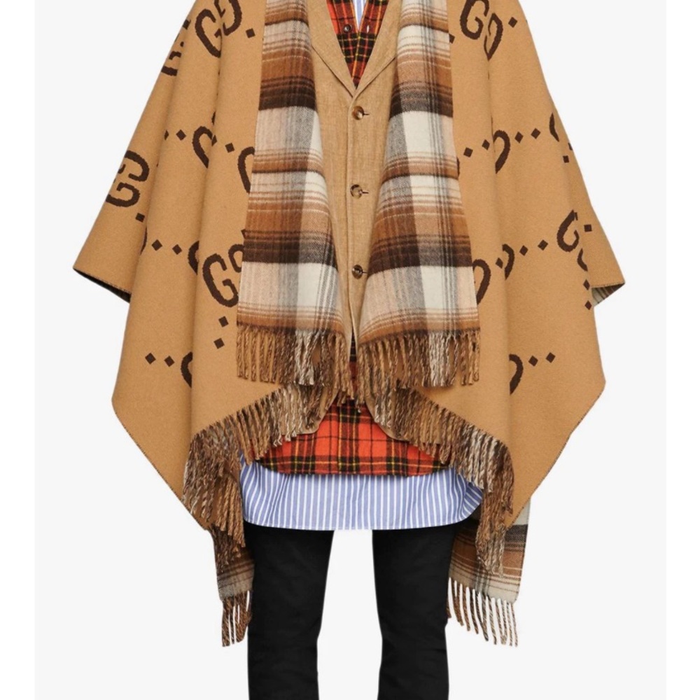 Gucci Camel Brown Logo Fringe Plaid Wool Cape Poncho - Picture 3 of 9